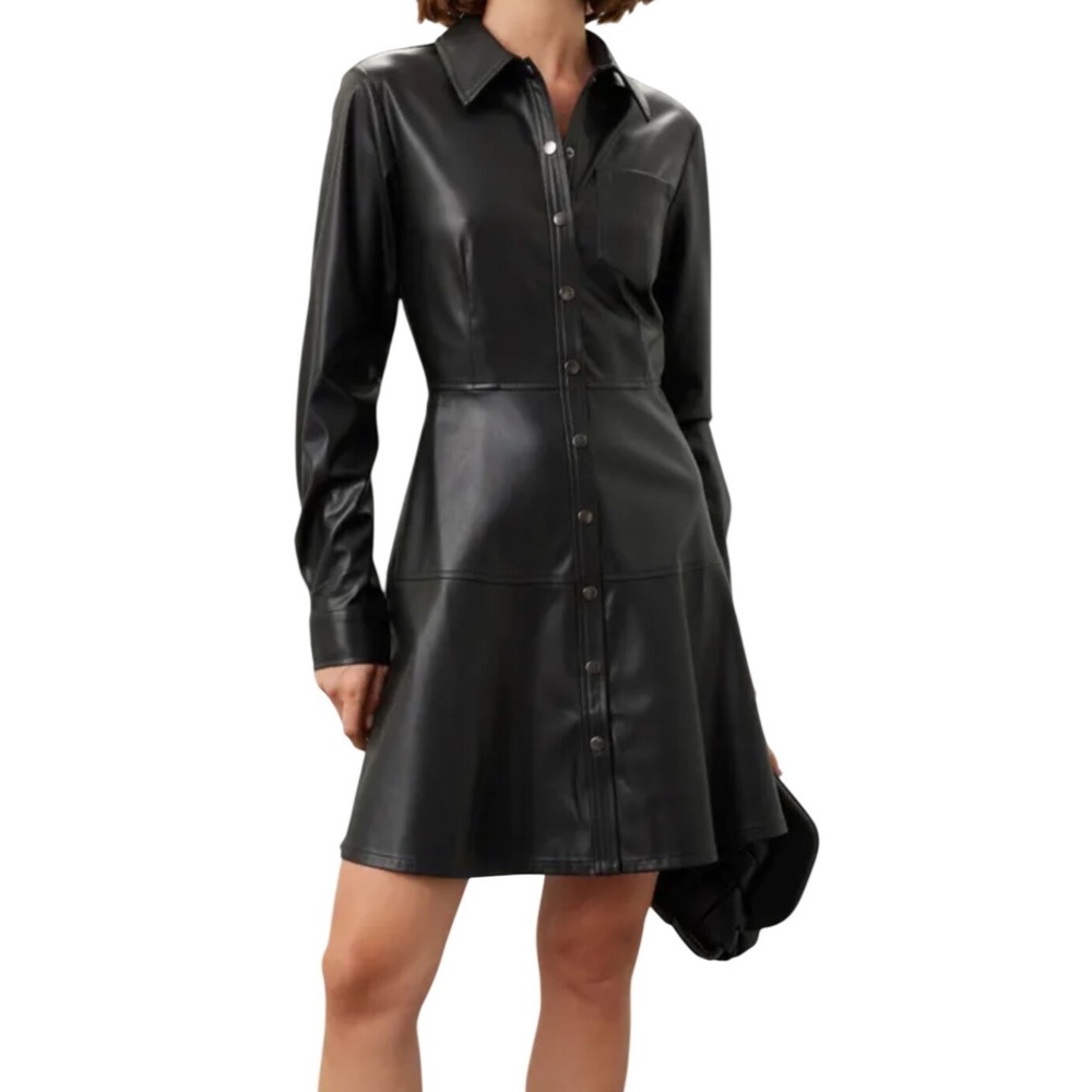 Jason Wu Collective Women Black‎ Faux Leather Snap Front Mini Shirt Dress 8 Gotf
